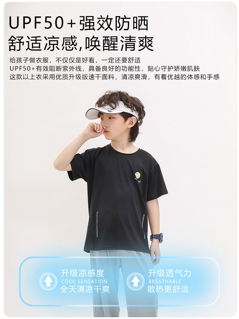 现货童装夏季新款UPF50+儿童T恤女童透气上衣男童休闲短袖学生t恤详情3