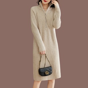 Semi-high neck mid-length elegant woolen dress, new autumn/Winter 2024 Korean-style long-sleeved base knitted dress for women pic 5