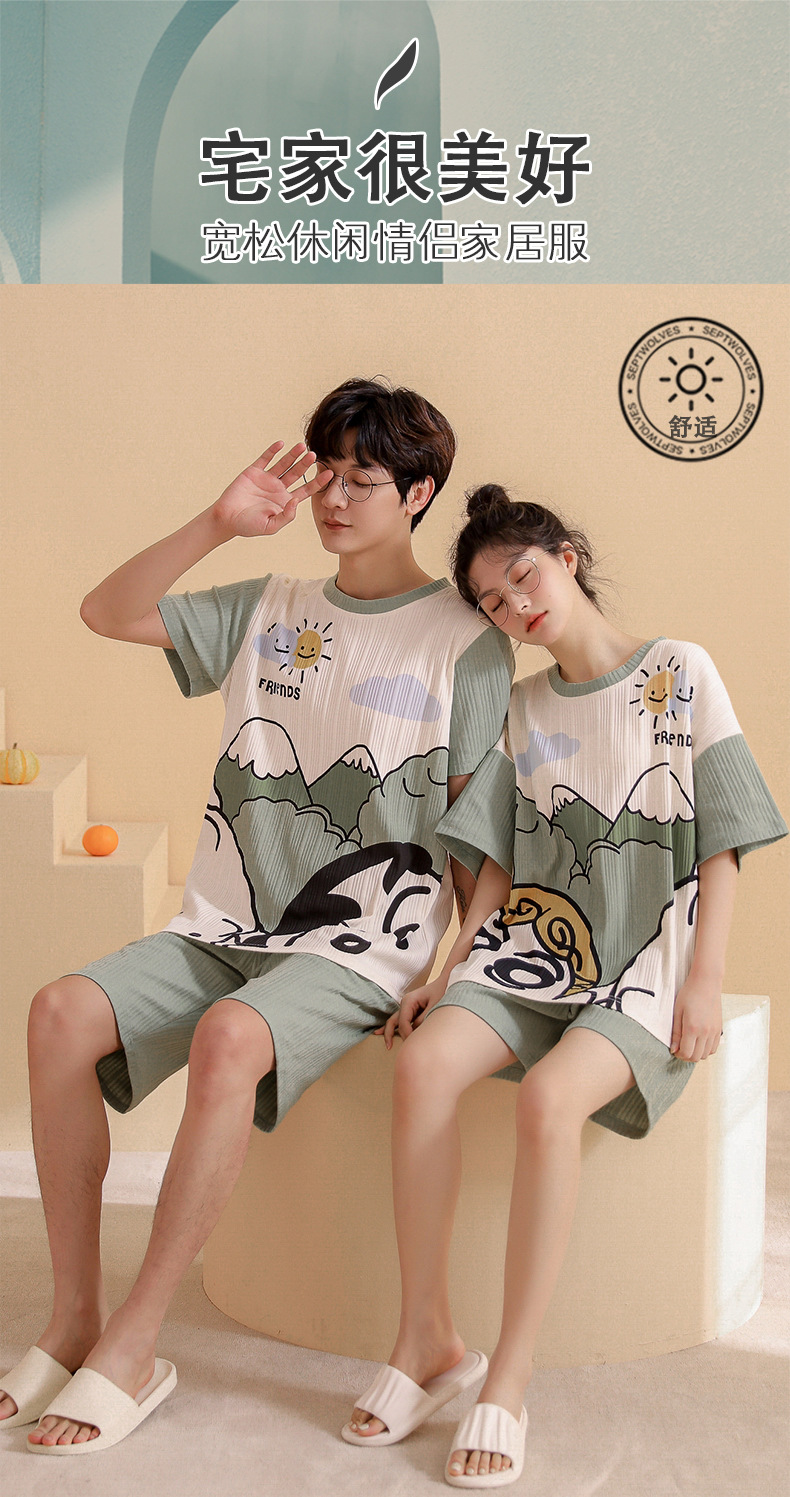 Novedades pareja manga corta pantalones cortos pijamas mujer verano slim algodón peinado hombre traje de hogar suelto casual cartoon pic 114