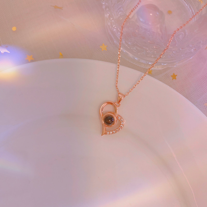 亚马逊饰品心形投影项链925纯银女100种语言我爱你锁骨链抖音同款详情6