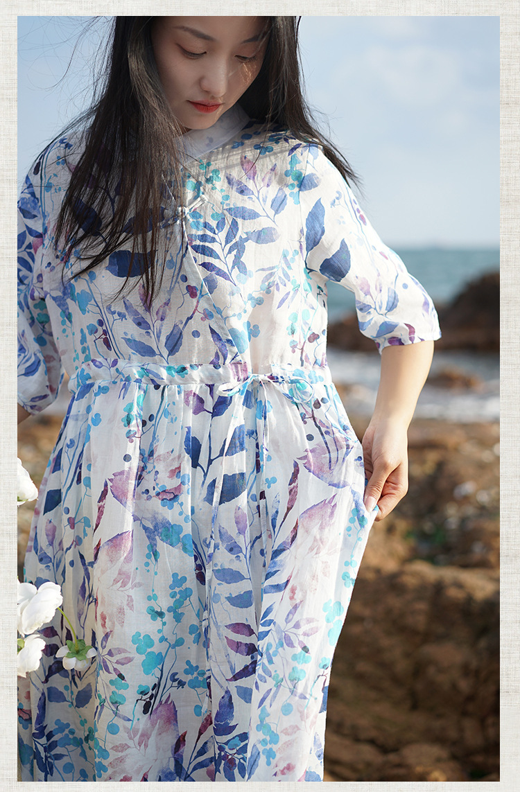 新中式棉麻女装2023春夏季新款碎花连衣裙女翻领显瘦女士苎麻长裙详情26