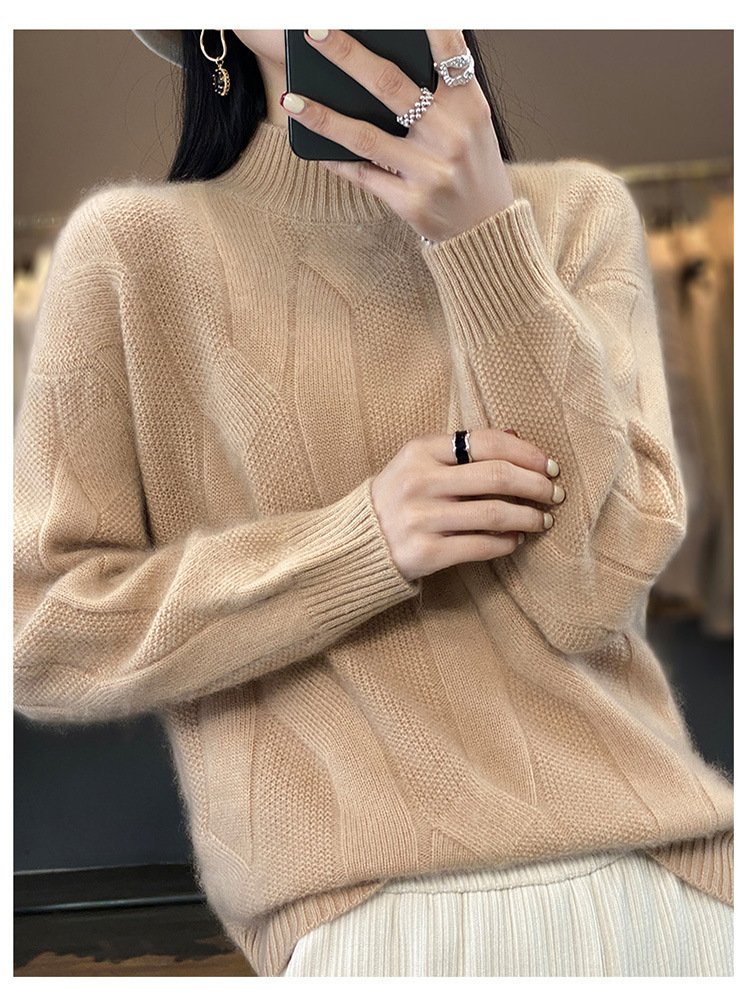 2024 New style 100 wool sweater for women, semi-high neck, thickened with twist, solid color, simple sweater, loose and slimming knitted sweater pic 23