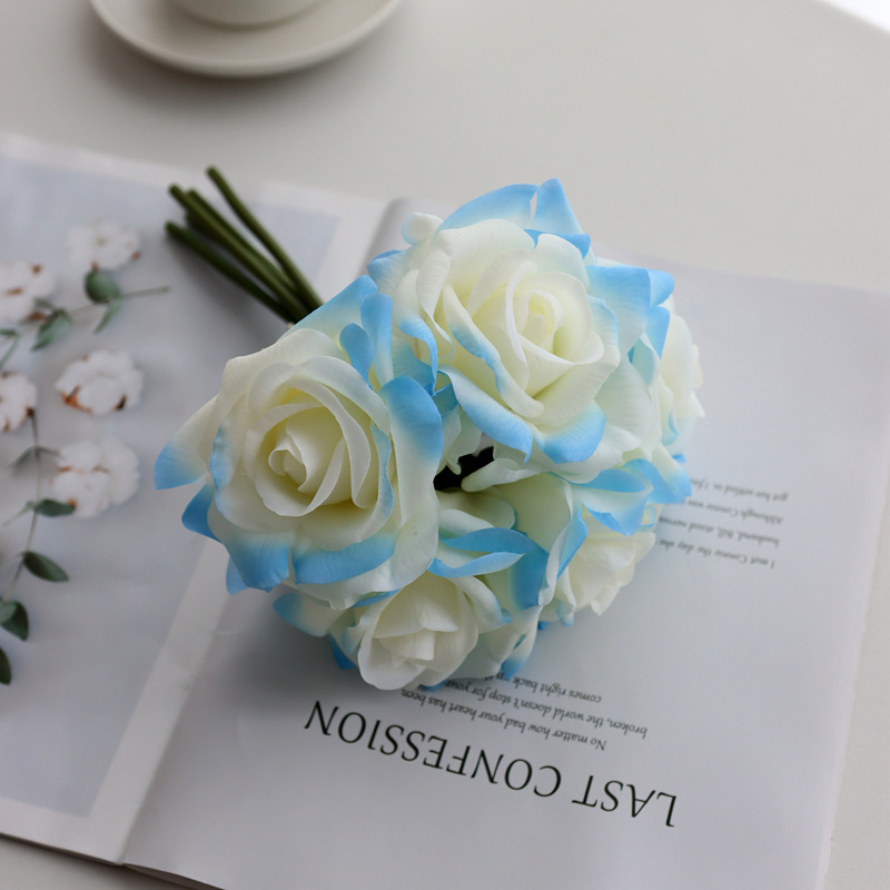 高端保湿手感仿真花5头卷边玫瑰假花束婚庆手捧湿感塑料装饰批发详情14