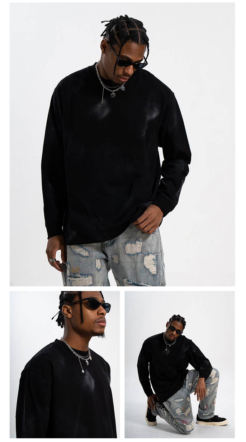 LawFoo国潮牌美式情侣洗水做旧不规则漆块长袖T恤男街头复古宽松详情8