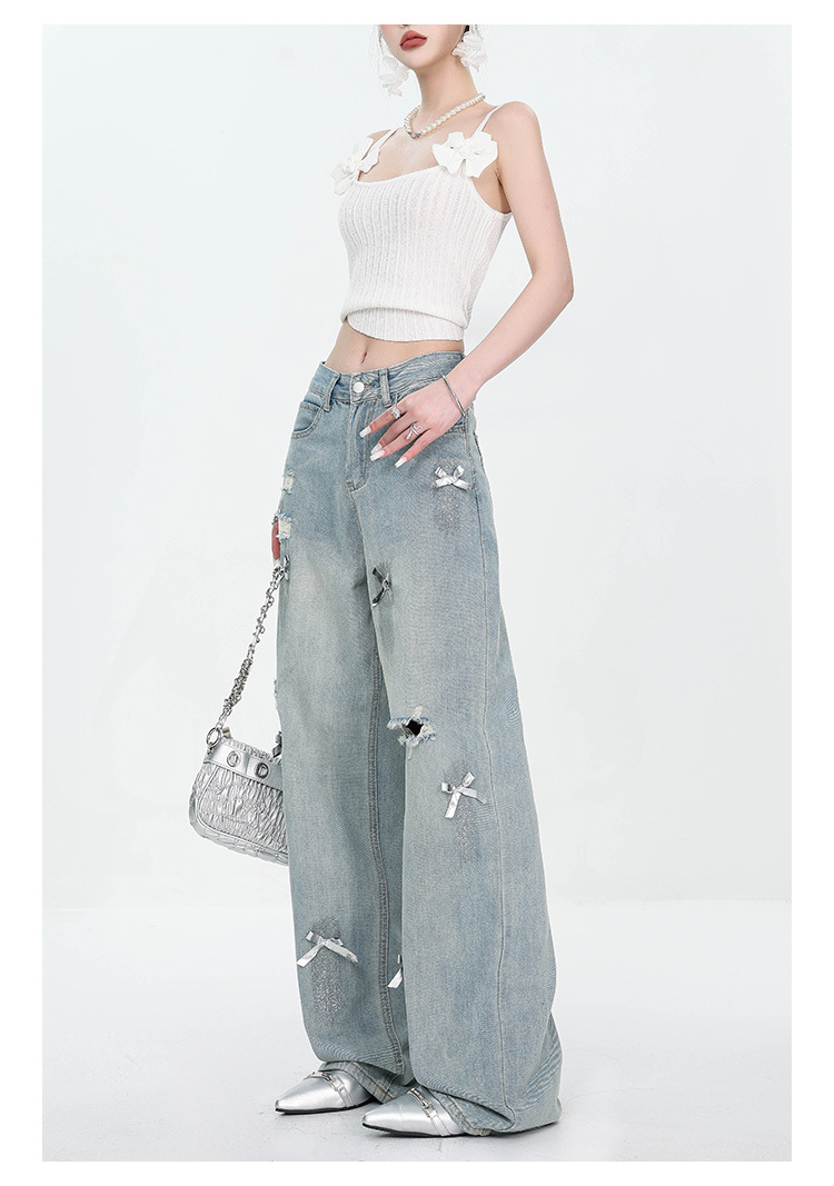 Large-sized retro three-dimensional bow ripped jeans for women with a summer design sense, high-waisted straight-leg loose wide-leg pants pic 16