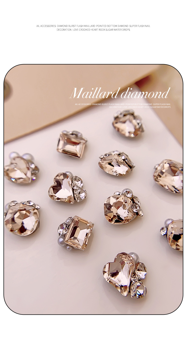 Champagne-colored pile diamond ball nail art accessory finished product, fat square, crooked heart, peach heart, axe pile diamond, super shiny nail decoration diamond pic 5