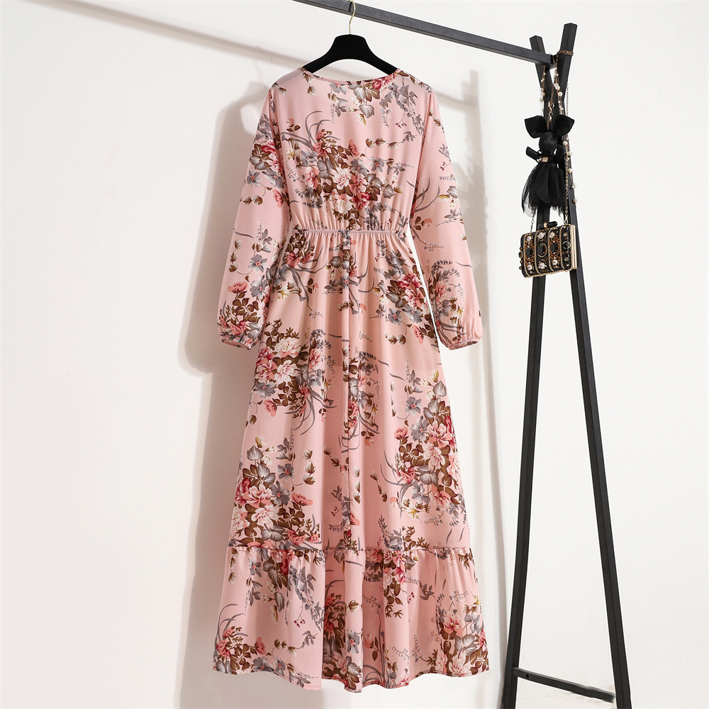 European and American floral long, round-neck, long-sleeved, waist-cinching and slimming dress pic 78