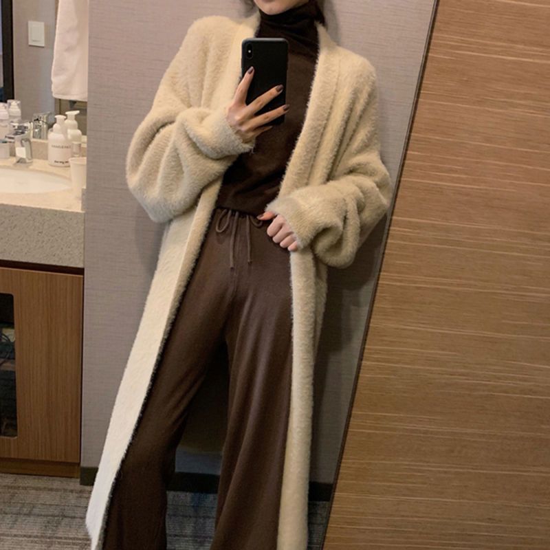 2023 Spring and Autumn laid-back and loose, knee-length, thickened, pure imitation mink fleece knitted sweater cardigan for women pic 19