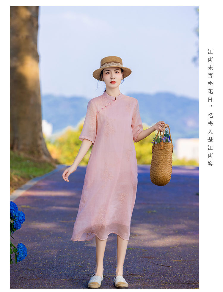 新中式棉麻女装苎麻连衣裙2024春夏新款立领国风复古改良旗袍批发详情9