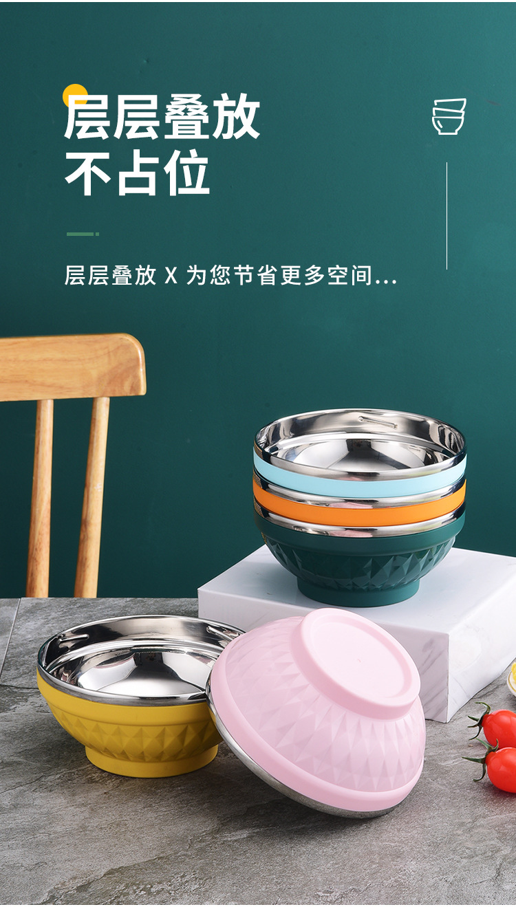 Large-capacity 304 stainless steel bowl, student Nordic colorful bowl, double-layer heat-insulating soup bowl, household cafeteria rice bowl and soup basin pic 15