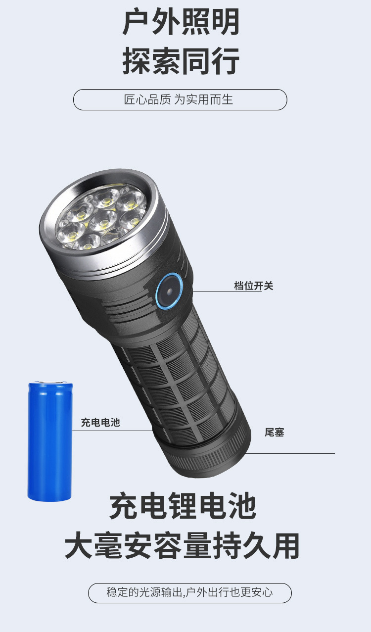 Type-C Rechargeable long-range high-intensity flashlight with 8 lights, 26650 lithium battery, ultra-bright outdoor LED flashlight pic 9
