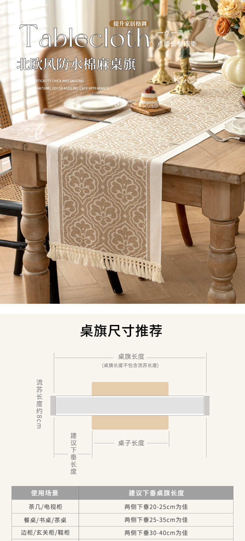 酷幸 跨境热销棉麻提花防水桌旗加厚家用北欧现代简约大方复古高级感长条布流苏茶桌旗批发代发详情6