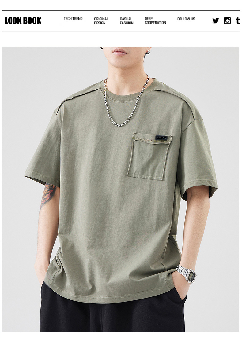 古川男装|日系复古拼接全棉短袖男士宽松大码简约纯色百搭体恤男详情1