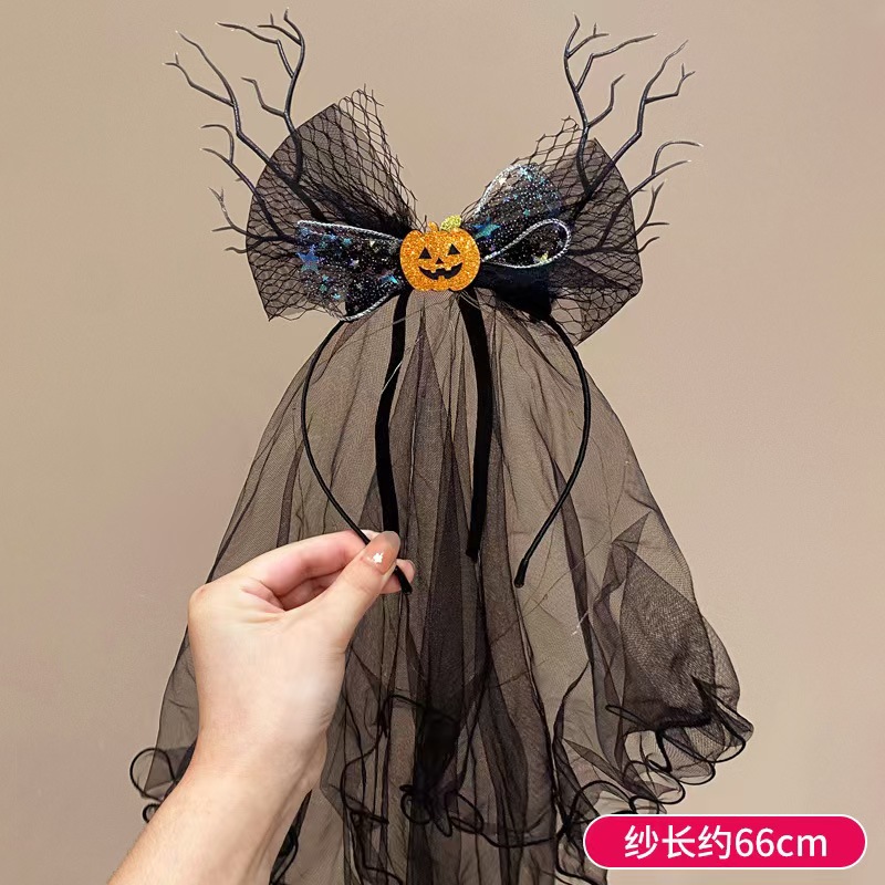 Retro Halloween black double-layer luminous bow veil photo headwear and veil pic 2