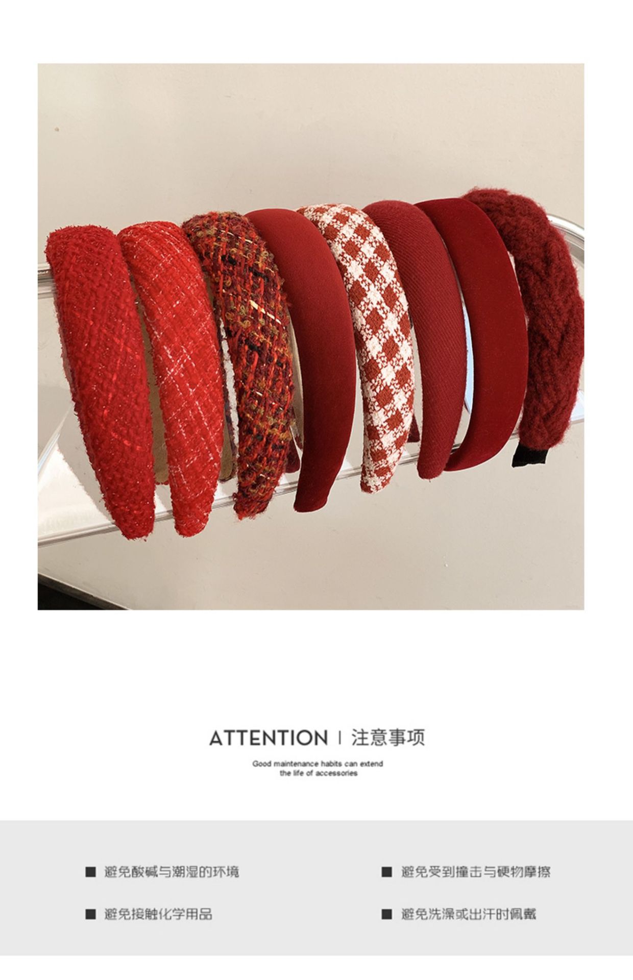 2024 New Year Spring Retro Hong Kong-style wine red velvet headband with checkered French sponge high top headband pic 7