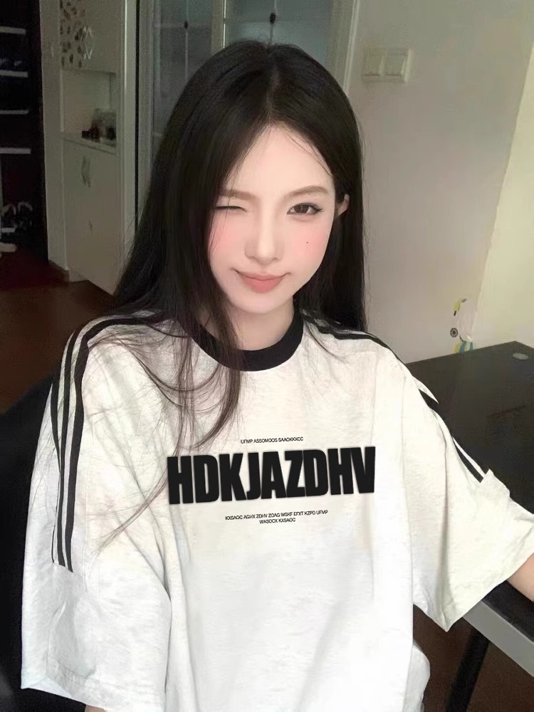 纯棉条纹短袖t恤女2025新款大码夏季宽松三条杠美式潮牌半袖上衣详情11