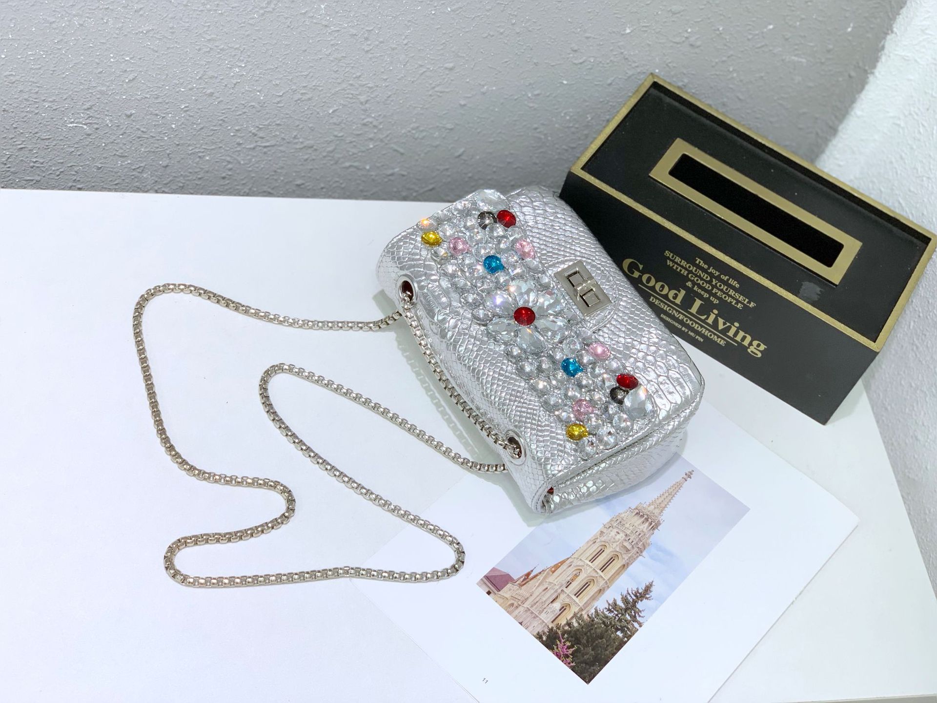 Chanel snake-patterned diamond bag, single-shoulder crossbody bag, crystal gemstone hot mom bag, flower sequined chain bag, water diamond bag pic 21