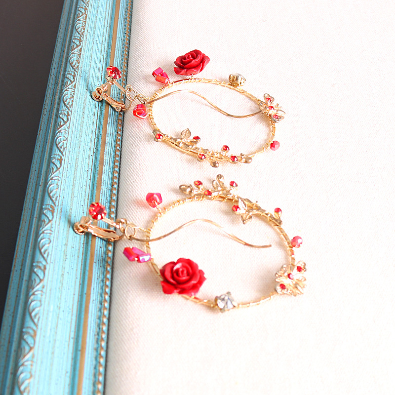 Bride earrings, European and American golden ear clips, round rose earrings without ear holes, wedding festival red crystal earrings pic 9