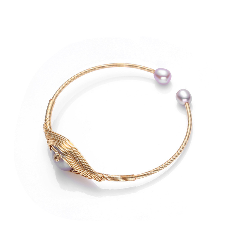Japanese and Korean style natural freshwater pearl 14K gold-plated open bracelet, single large purple pearl peacock wound bracelet for women pic 9