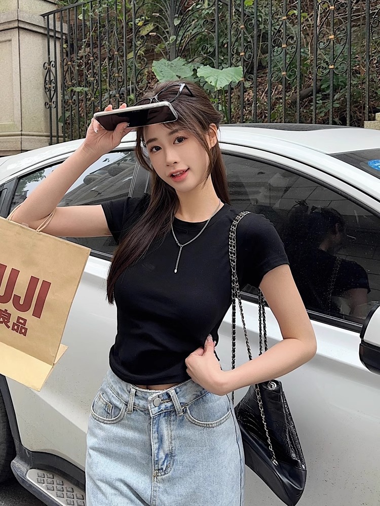 白色短袖打底衫内搭t恤女2024夏季新款显瘦修身辣妹短款正肩上衣详情24