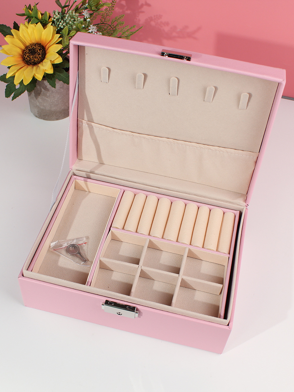 瑾奇2023首饰盒带锁双层大容量皮革珠宝饰品戒指项链耳环耳钉收纳盒子 粉色儿童收纳系列 JQ009详情17
