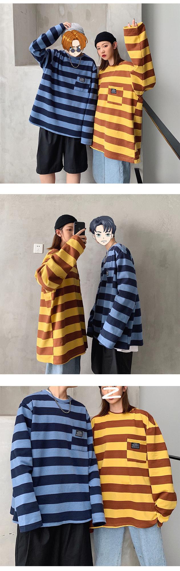 Cross-border striped T-shirt for women 21 New striped long-sleeved T-shirt for women on Instagram Harajuku loose Korean-style top in stock pic 14