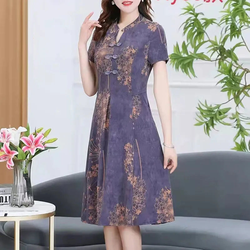 2022新款夏季妈妈改良旗袍洋气中老年女装显瘦遮肚短袖裙子详情8