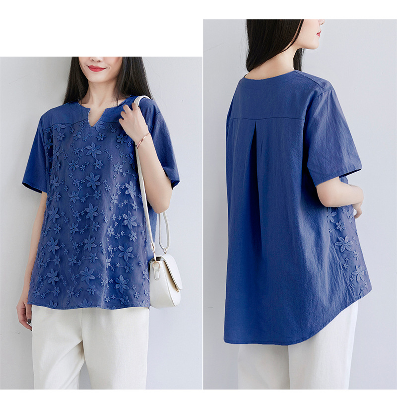 2022夏季新款速卖通欧美女装蕾丝刺绣短袖衬衫宽松女士上衣T恤详情14