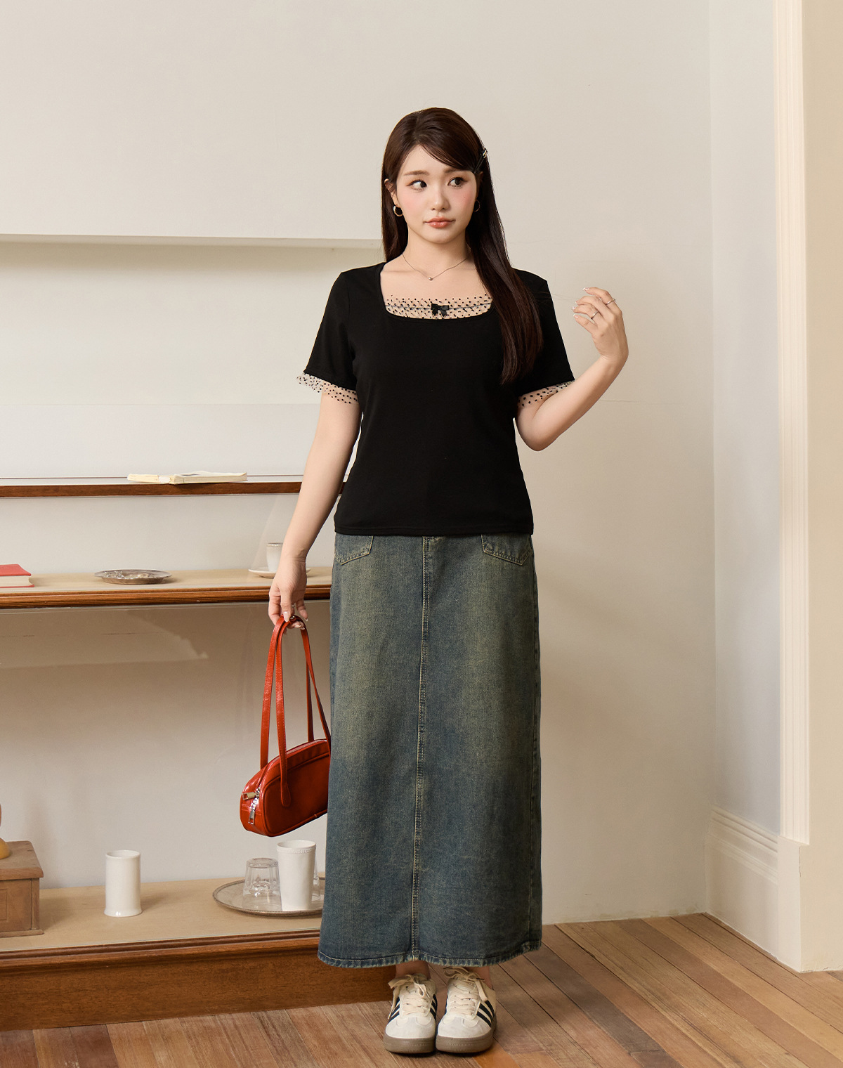 Light French style shoulder polka dot mesh patchwork top for plump girls, large size, slimming, versatile short-sleeved shirt 65378 pic 43