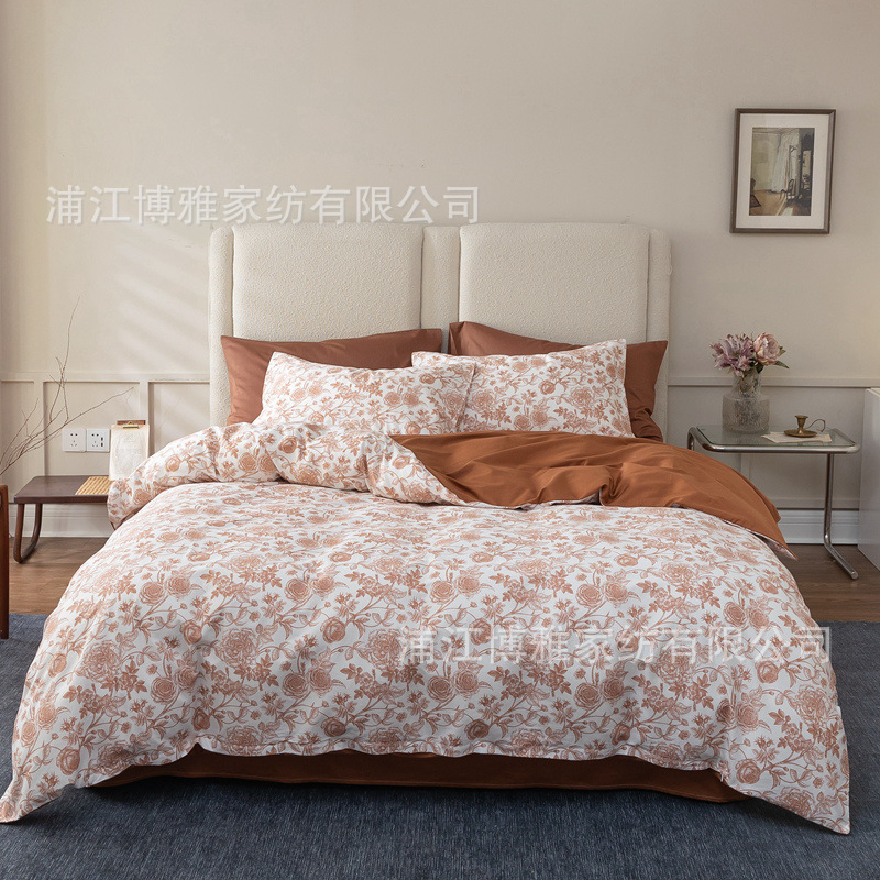Factory wholesale new printed all-cotton four-piece set, simple plant and floral style 60-count pure cotton bed sheet, duvet cover and bedding pic 4