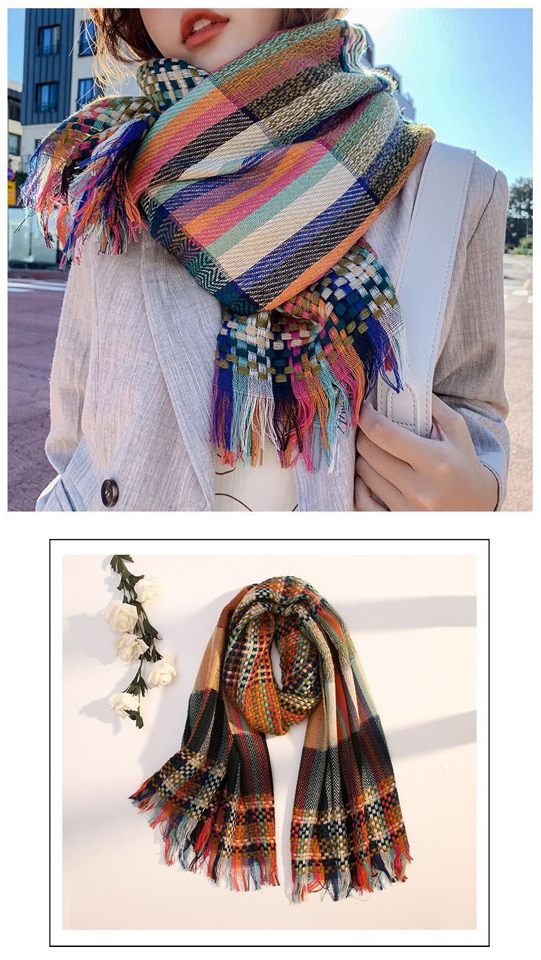 秋冬新款韩版围巾女草编彩条时尚披肩加长加厚保暖田园风围巾详情20