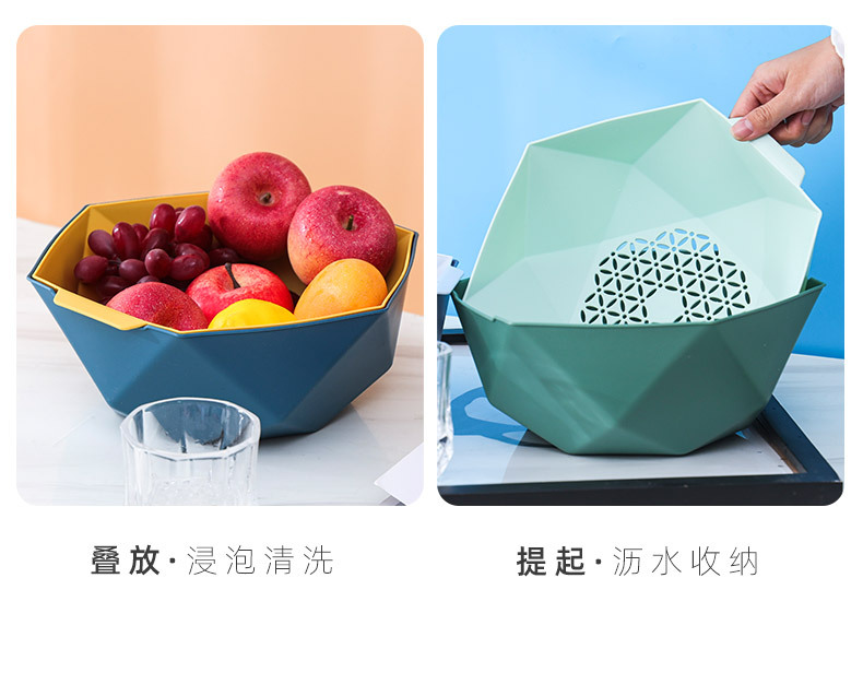 沥水篮家用滤水洗菜篮塑料多功能水果篮子厨房收纳批发双层洗菜盆详情5