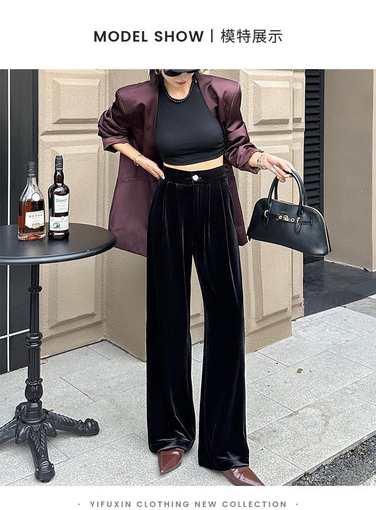 针织炒花简喇裤女秋灰色天丝休闲长裤垂感休闲宽松金色直筒裤详情4