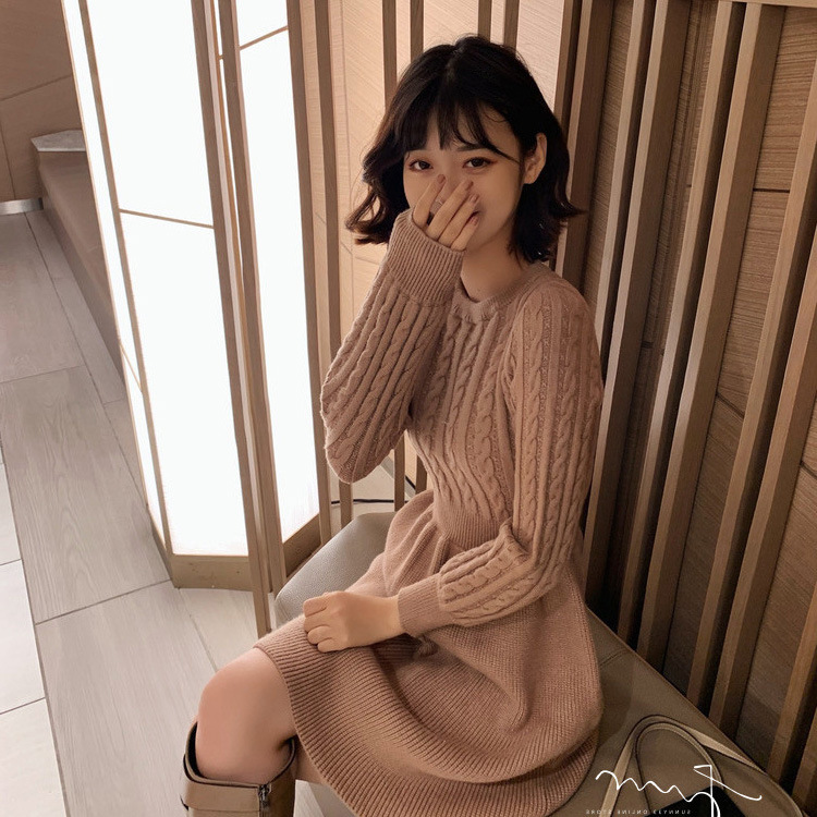 麻花拼接秋冬季连衣裙女高腰显瘦针织裙子现货批发新款女装详情6
