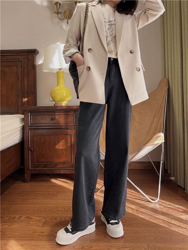 Treasure pants: Slimming, versatile, drape black straight-leg jeans for petite women, high-waisted wide-leg pants pic 16