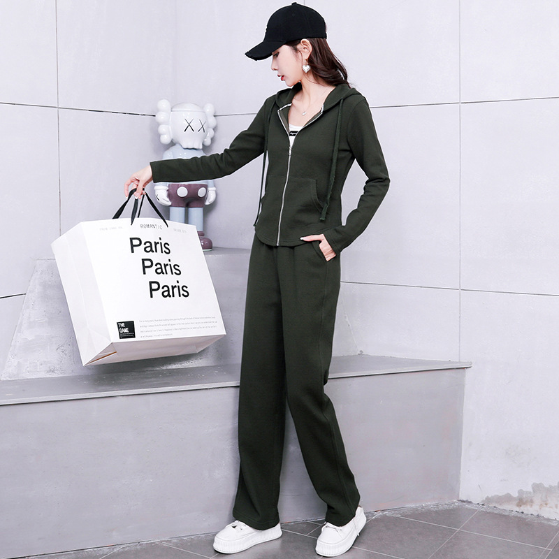 Early spring pure cotton fashionable casual set for women, loose, sporty and slimming straight-leg high-waisted wide-leg pants, zipper hooded jacket pic 63