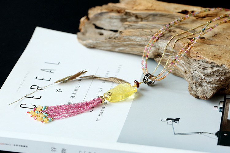 Original natural multi-treasure sweater chain, beeswax leaf cut rainbow tourmaline necklace, cut rose red tourmaline tassels pic 4