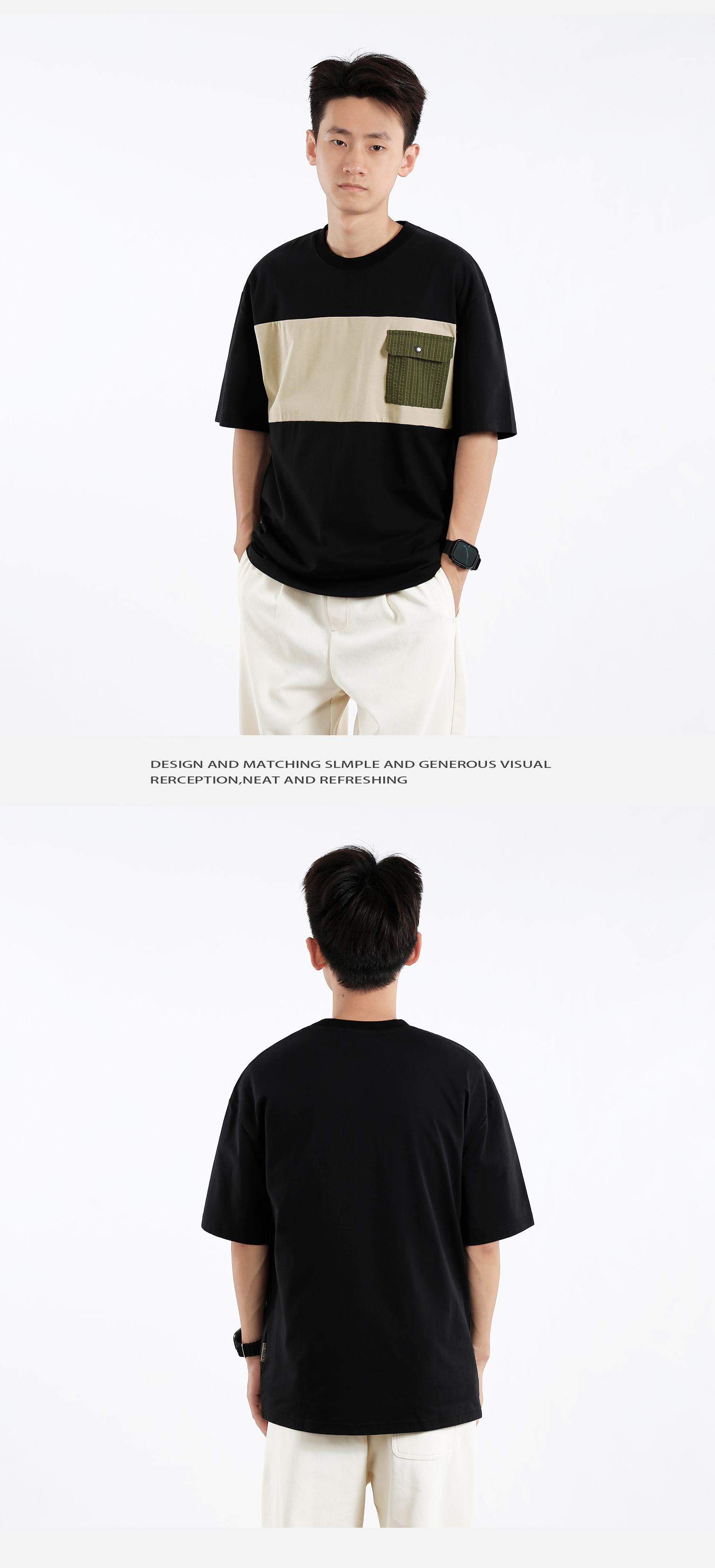 Pocket design, color-blocking short-sleeved T-shirt for men, loose, casual and versatile in summer, round-neck breathable half-sleeve pic 8