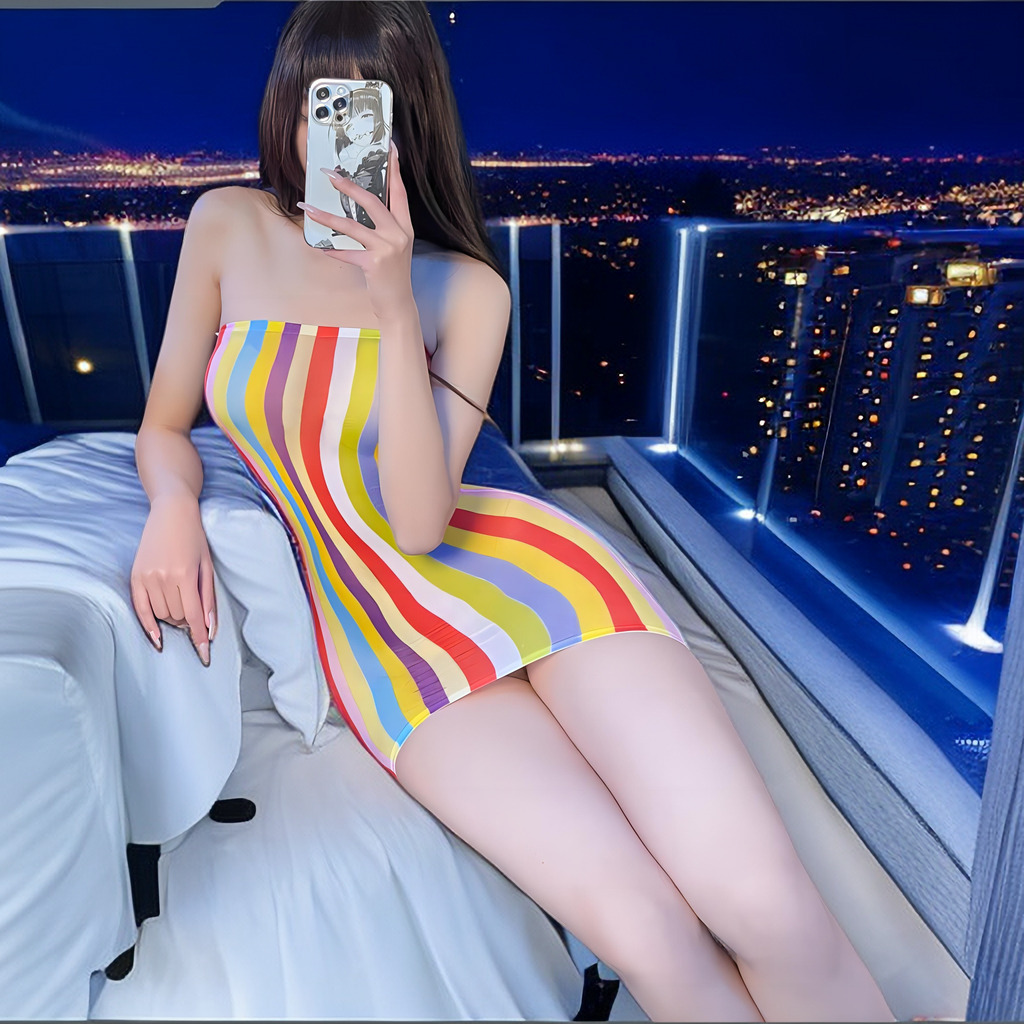 情趣丝袜免脱开裆包臀裙彩色条纹袜手撕激情性感床上火辣调情详情2