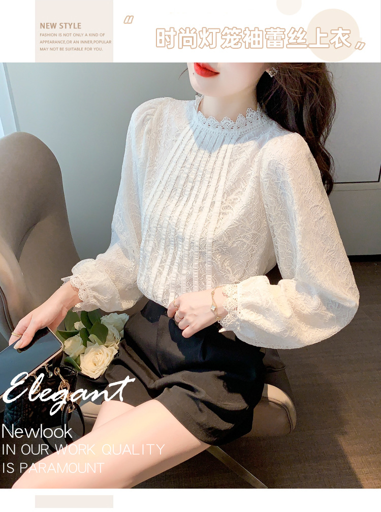 New Chinese-style in-stock real photos of the autumn new Korean-style versatile semi-high-neck lace base shirt for women. Pair it with a lace shirt inside pic 1