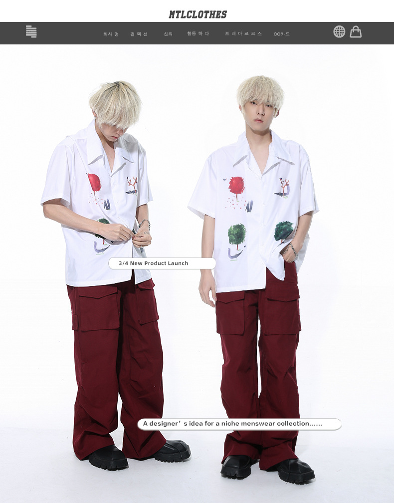 MTLCLOTHES男装|2024春款新品 韩版ootd卡通印花翻领短袖休闲衬衫详情2