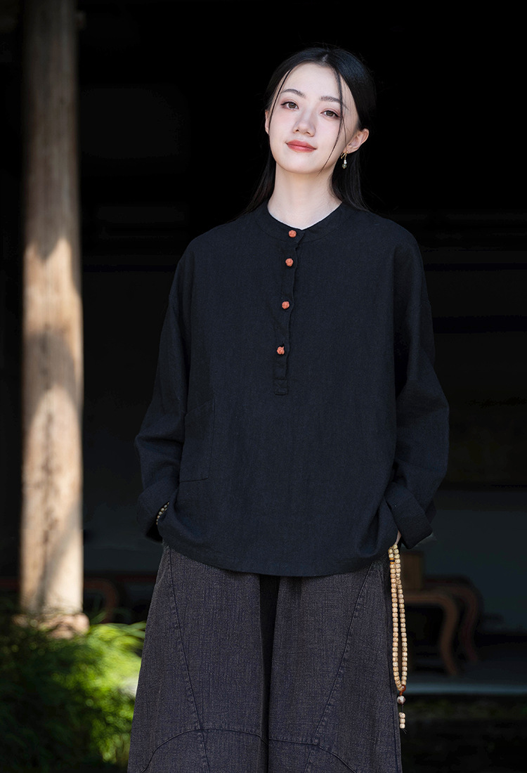 2024春夏棉麻女装新品亚麻立领拼色盘扣套头大码上衣女式棉麻衬衫详情25