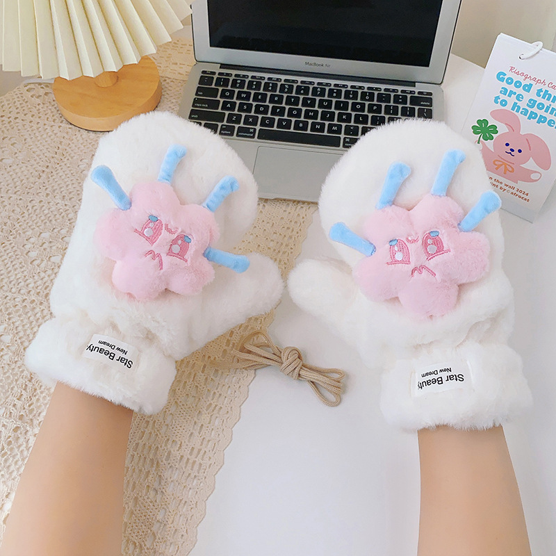 可爱卡通星星手套少女心加厚毛茸茸冬季加绒保暖连指骑车开车围巾详情16