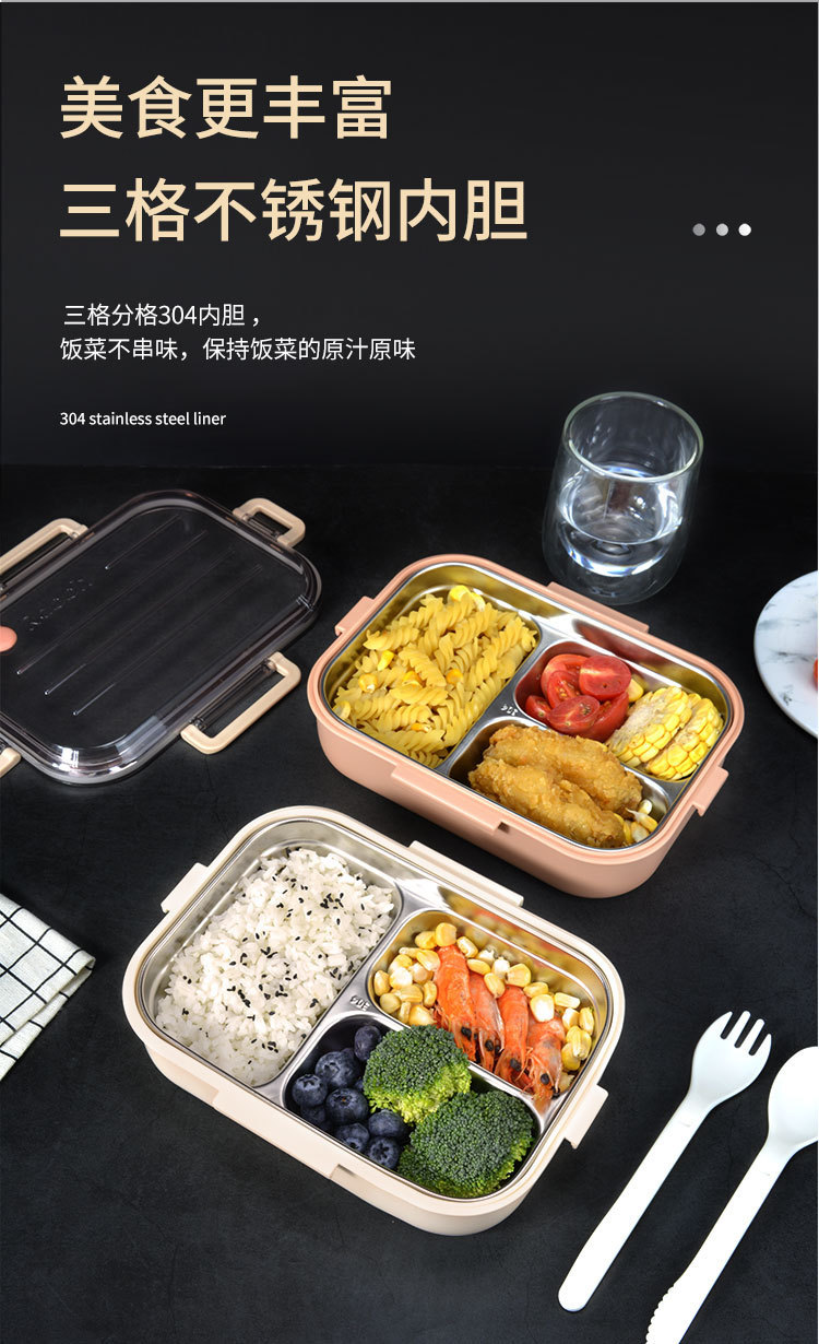 304不锈钢保温饭盒学生专用 食品级儿童可分格便当盒透明盖子饭盒详情3