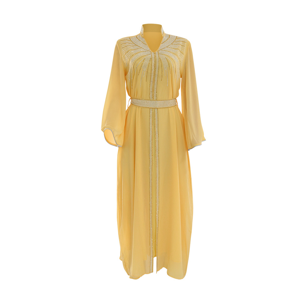 XQY500090 Foreign trade Arab robe, Middle East kaftan fashion Hot diamond belted chiffon dress pic 43