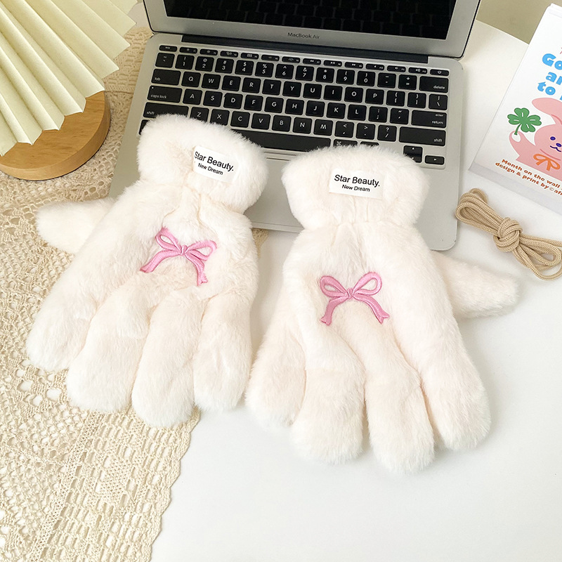 五指蝴蝶结手套女冬天加绒加厚保暖可爱分指冬季学生骑车开车围巾详情7