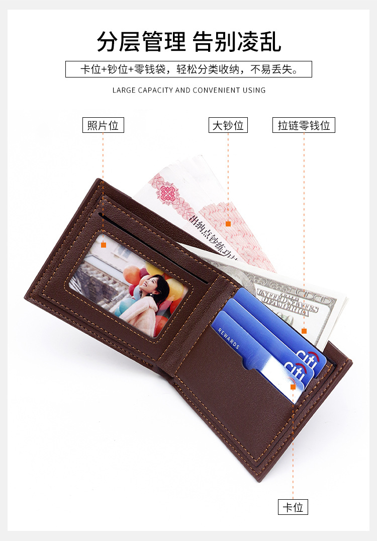 荔枝纹男士钱包男短款钱夹青年时尚格纹横款大容量多卡位钱包详情7