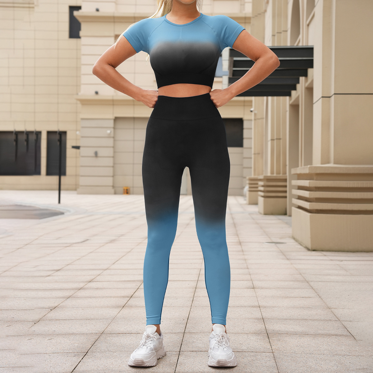 跨境渐变无缝瑜伽服套装女速干运动健身服上衣短袖蜜桃臀瑜伽长裤详情16