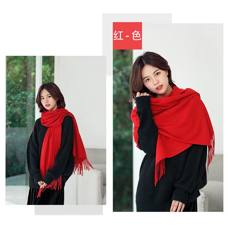 2023 Red Scarf Annual Conference - Wholesale of Chinese red faux cashmere Monochrome scarves, warm Korean-style fringed scarves, versatile pic 27