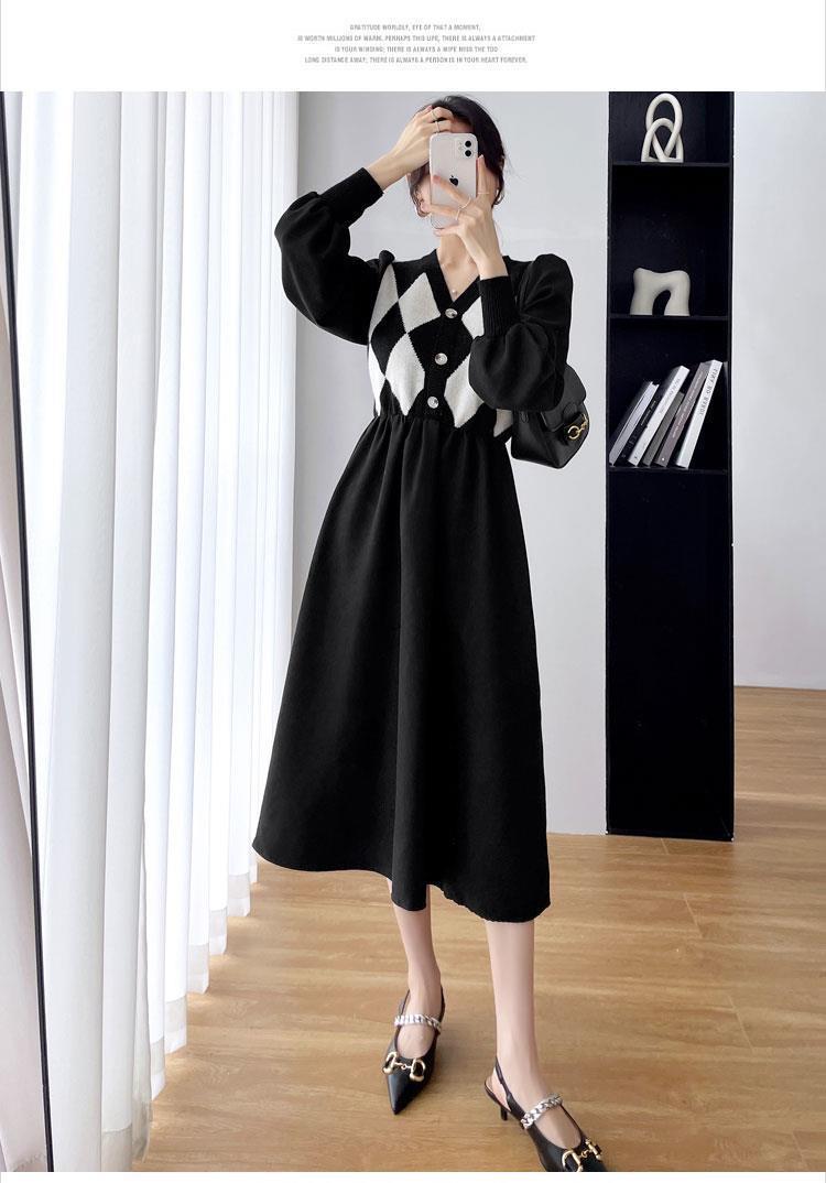 2022秋冬新款法式赫本风别致菱格v领针织拼接中长款收腰a字连衣裙详情12